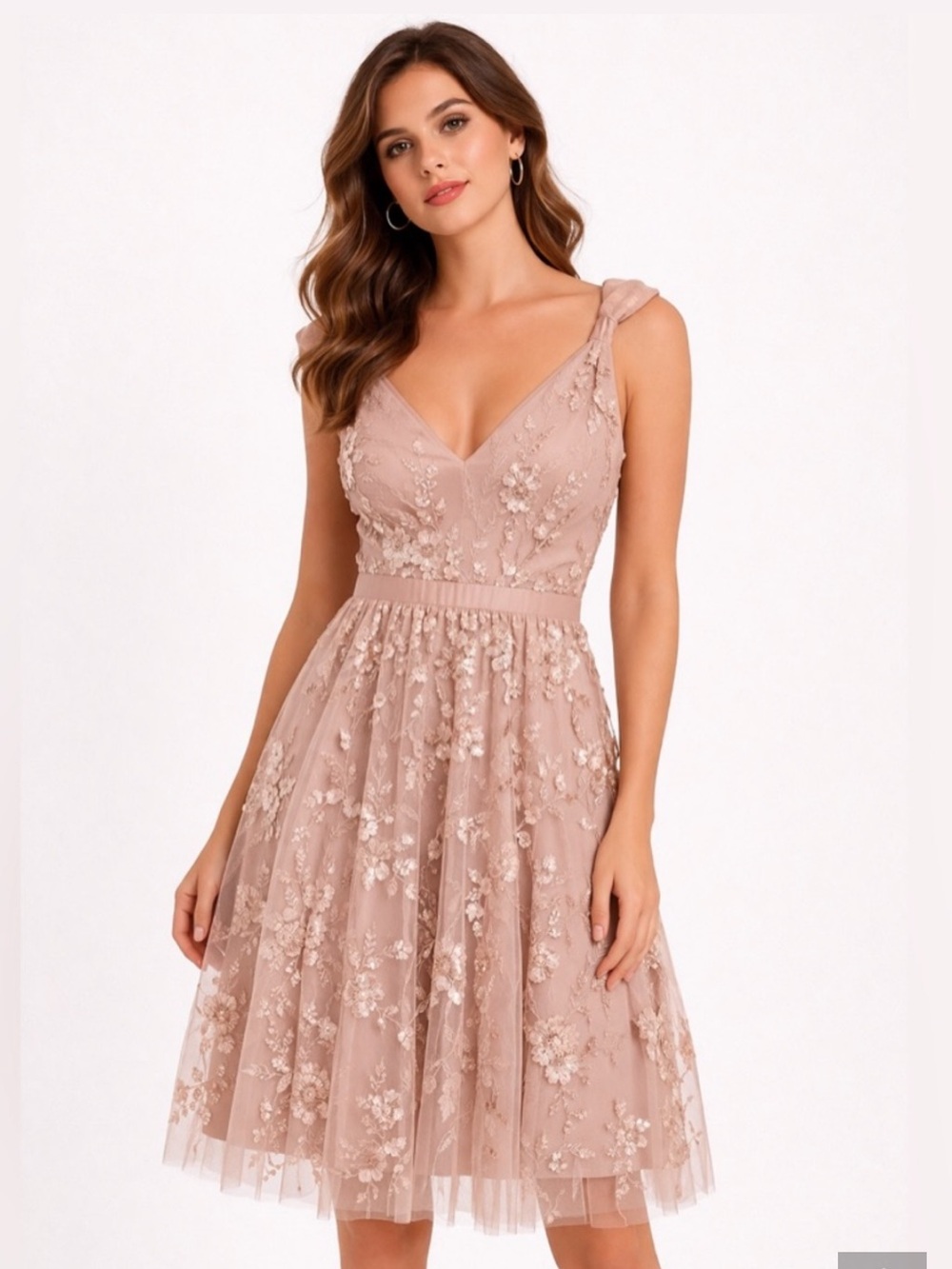 Vera Wang Dusty Blush Floral Embroidered Tulle Midi Dress